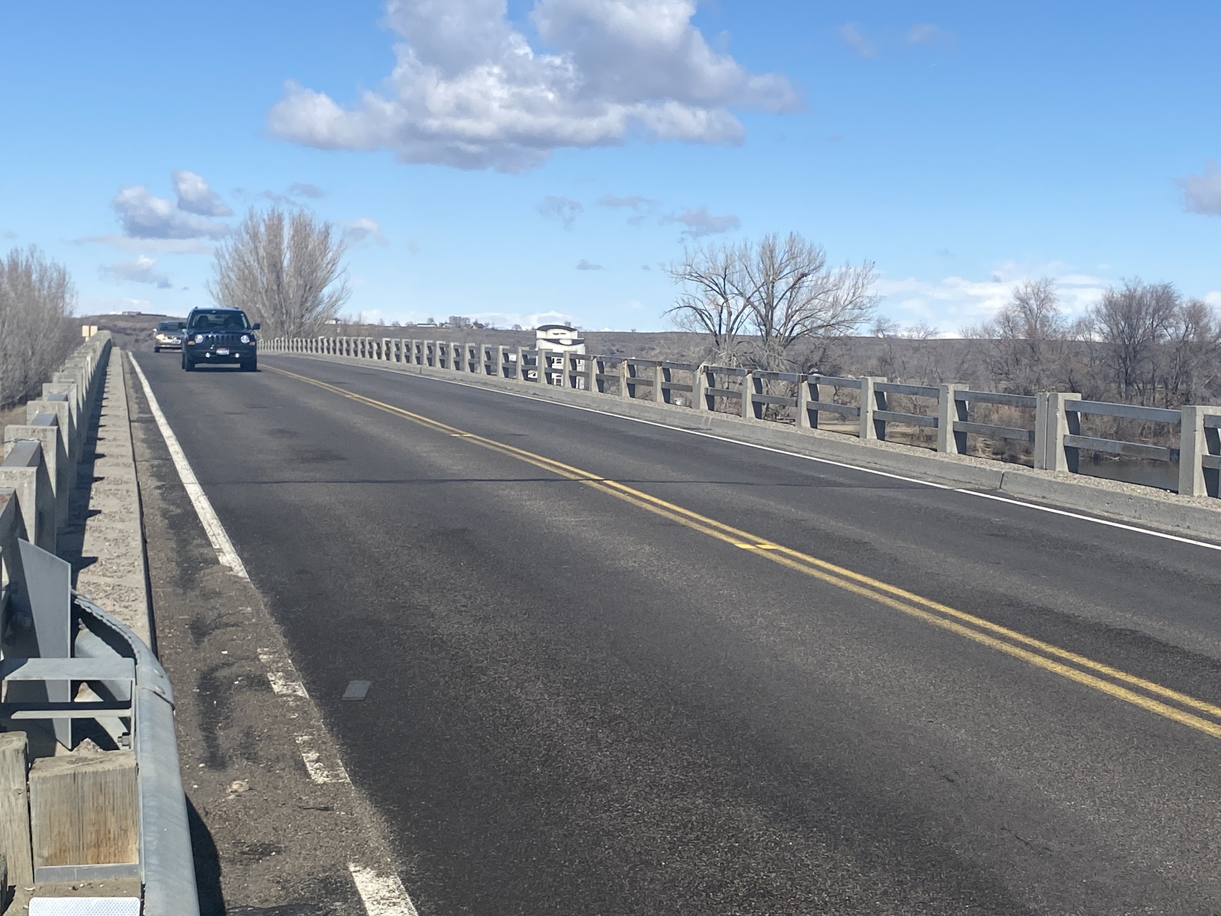 View at street level of cars driving over Snake River Bridge 